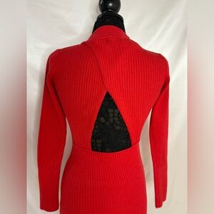 Elegant Red Long Sleeve Sweater Dress, Open Back